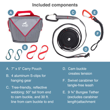 Ridgeline Tie Out Camping Zip Line, Outdoor Dog Run Zipline, Portable Camp Gear Line, Reflective, Includes - Carry Pouch, 30 ft Tree-friendly Line, 4 S-Clips, and Swivel Bungee Tether for Leash